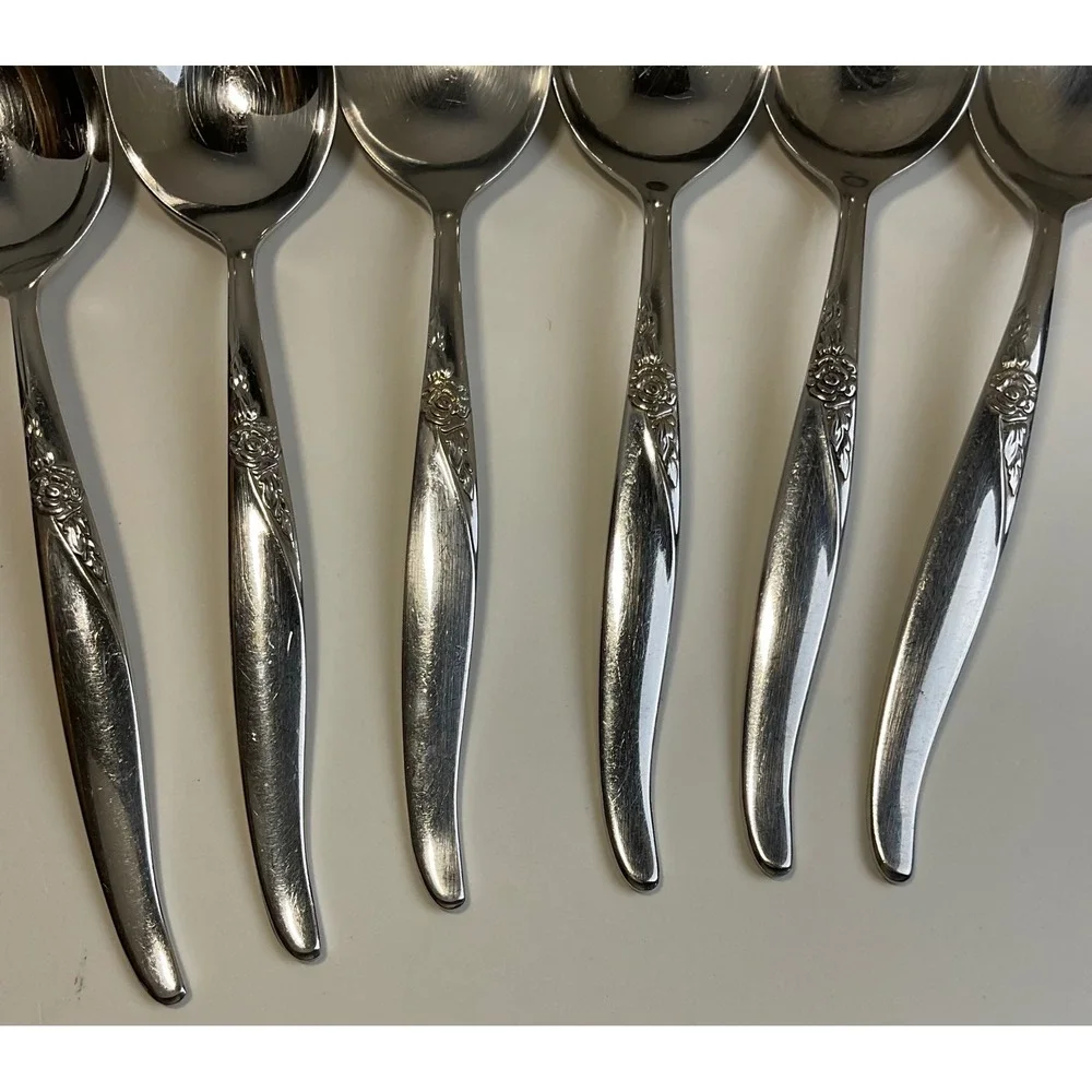 Oneida Wm A Rogers La Rose Soup Spoons Vintage Stainless Steel Set of 6 Floral